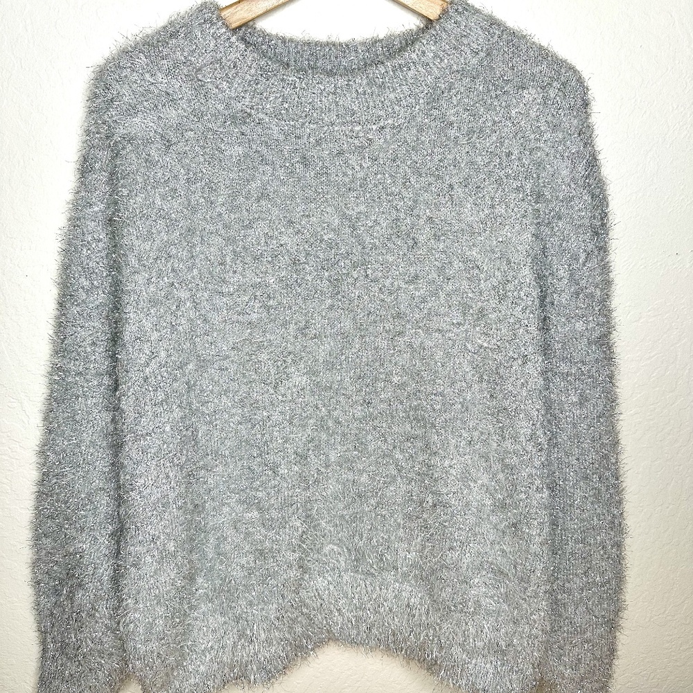 H&M Silver Tinsel Fluffy Sweater - Size MEDIUM - Metallic Silver Oversized Wide